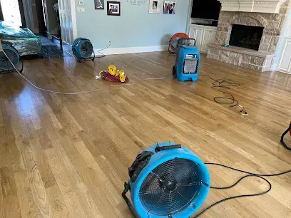 Living room with air movers and a dehumidifier drying the hardwood in Brentwood, TN