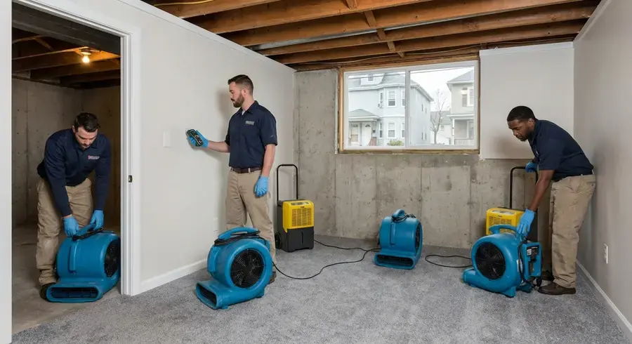 Restoration techs setting air movers and a dehumidifier in a basement in Brentwood, TN